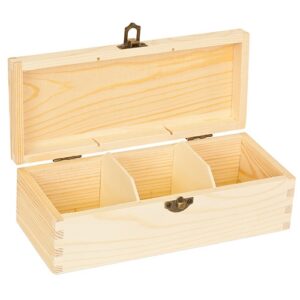 Houten theedoos 3 vakken – onbehandeld grenenhout, 22×9,5×7 cm