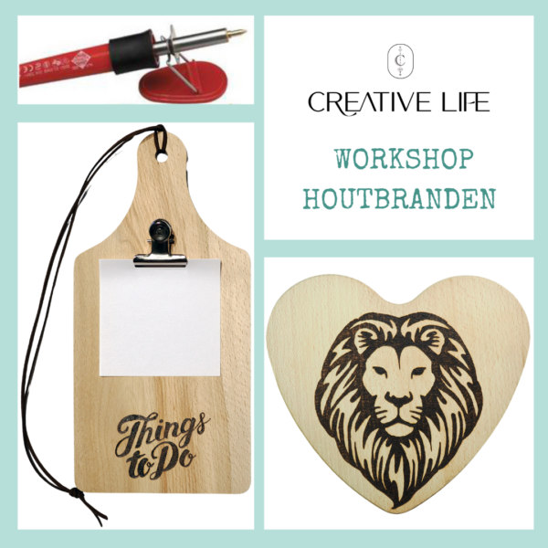 Creative life workshop houtbranden keuze uit snijplank / wandbord hartvorm of memobord